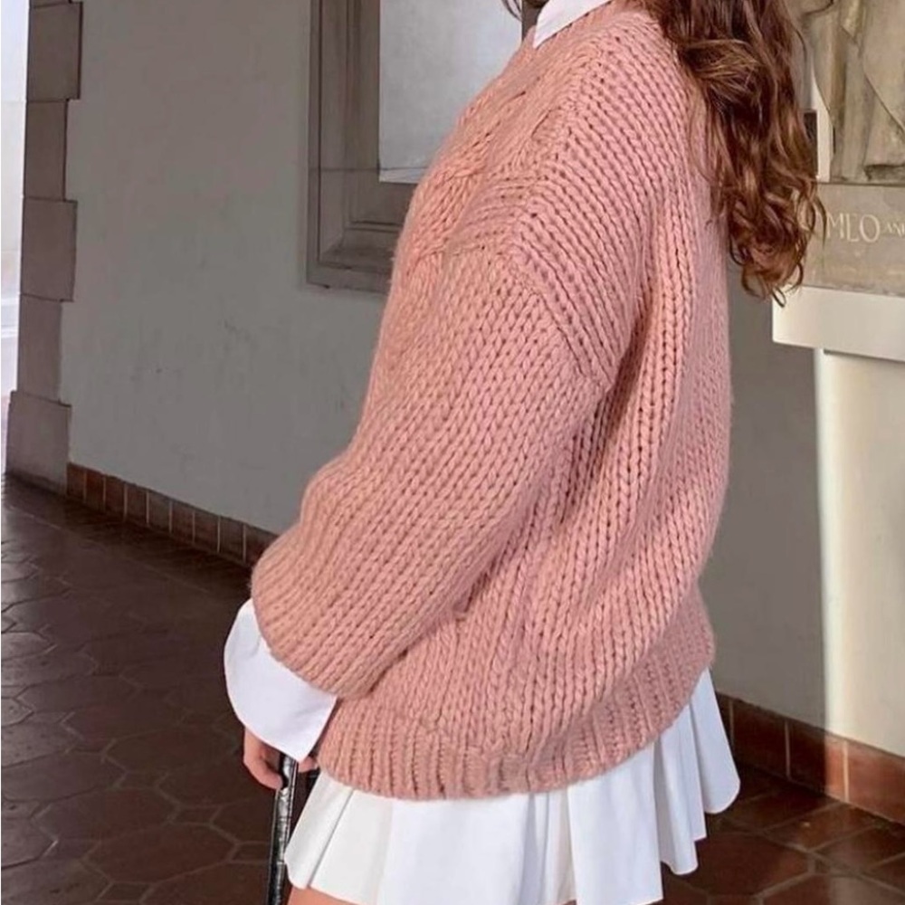 Pink wool round neck knitted cable sweater from NA-KD